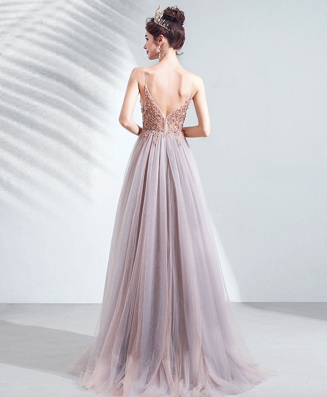 A-Line V Neck Tulle Beads Long Prom Dress Tulle Formal Dress