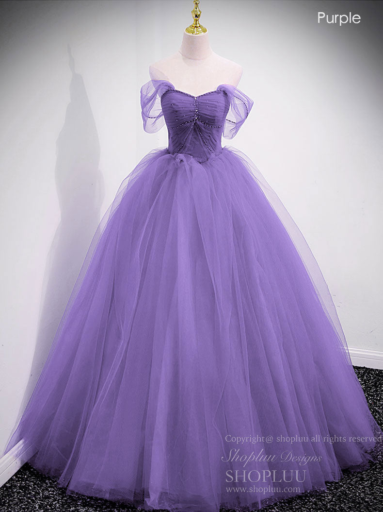 A-Line Sweetheart Off Shoulder Lace Long Prom Dress, Tulle Formal Dresses