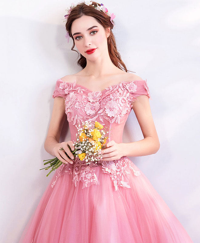 Pink Tulle Off Shoulder Lace Long Prom Dress, Pink Evening Dress
