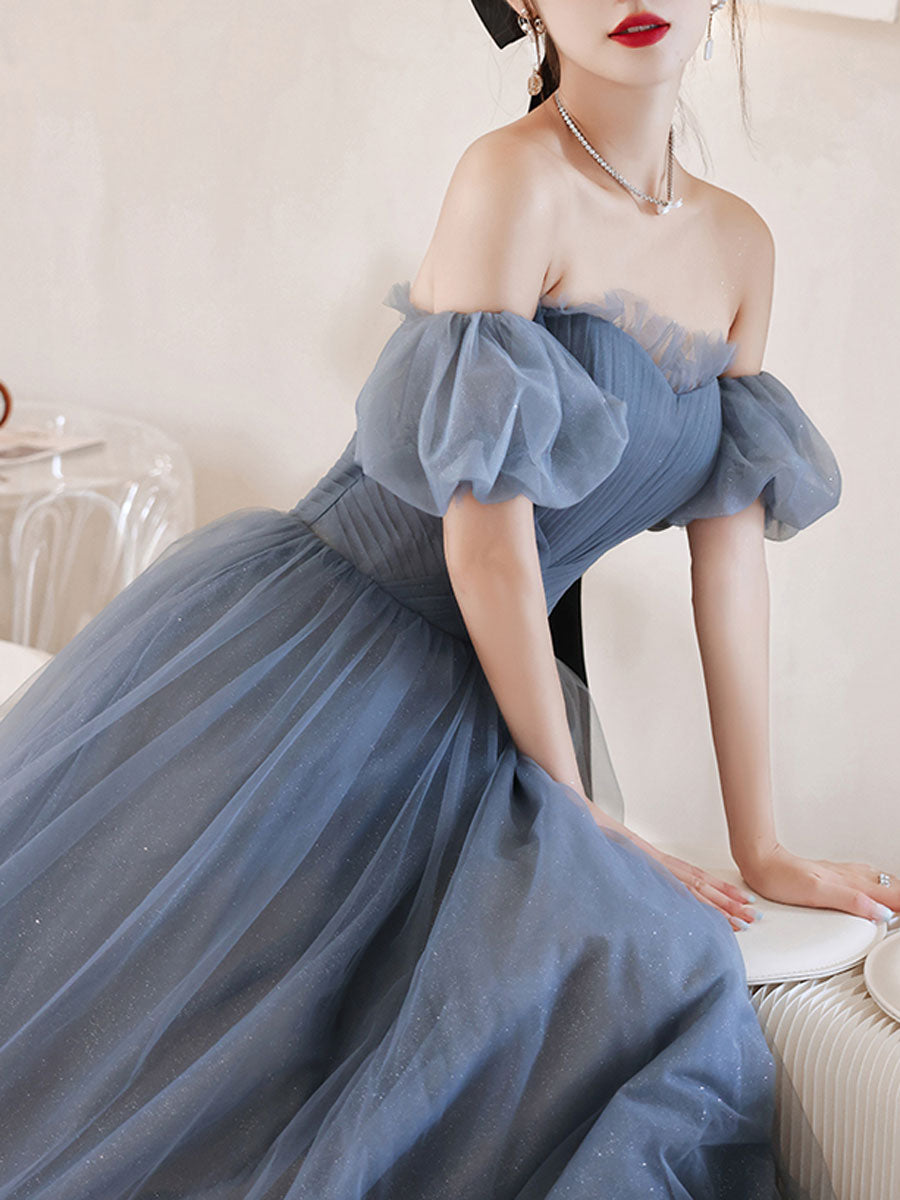 Gray Blue Tulle Long Prom Dress, Gray Blue Evening Dress