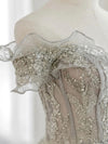 Gray Tulle Sequin Lace Off Shoulder Long Prom Dress, Gray Evening Dress
