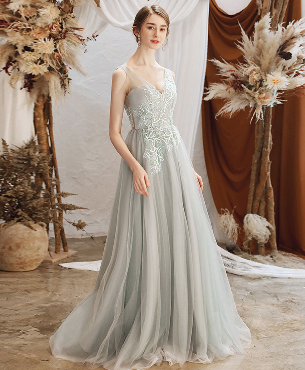 Gray Tulle Lace Long Prom Dress Gray Tulle Formal Dress