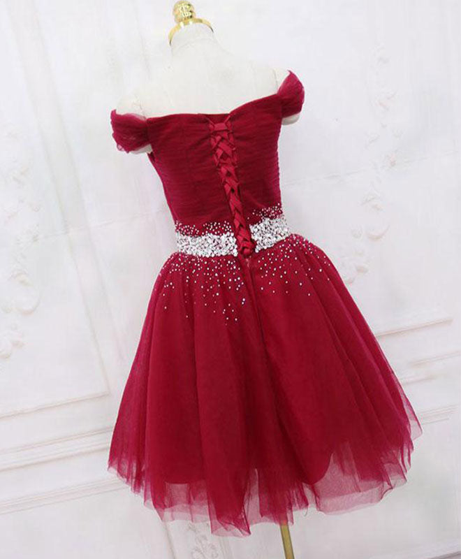 Burgundy Tulle Sequin Short Prom Dress, Burgundy Homecoming Dress