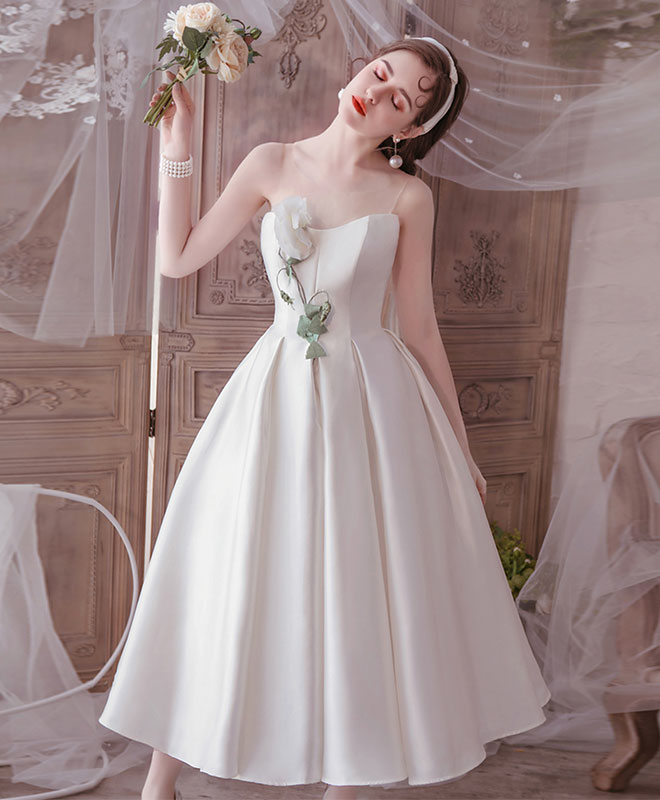 Simple Round Neck Tea Length Prom Dress White Bridesmaid Dress