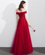 Burgundy Off Shoulder Tulle Lace Long Prom Dress, Evening Dress