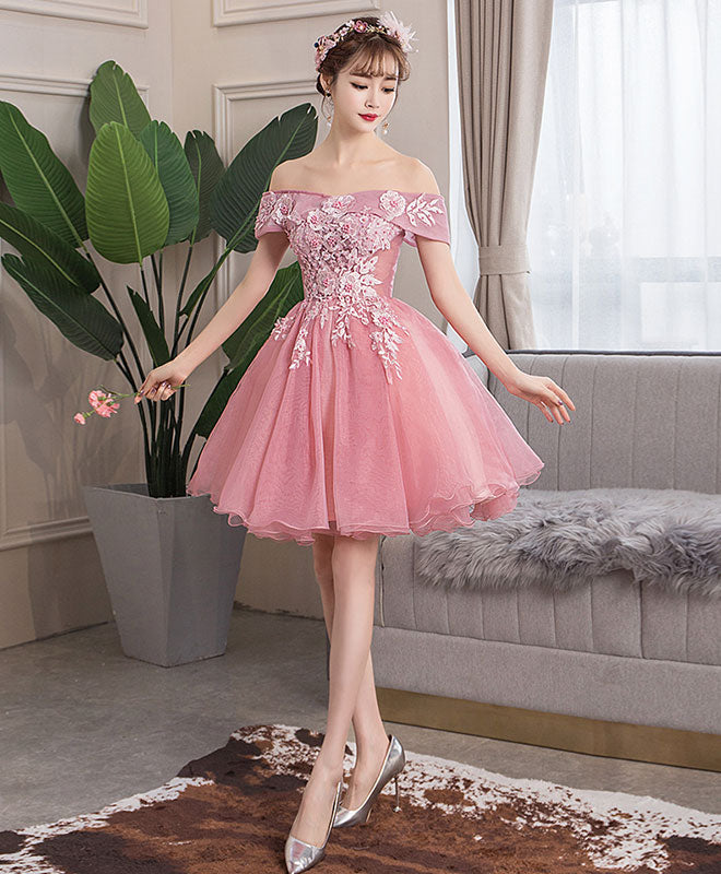 Pink Tulle Lace Short Prom Dress Pink Lace Homecoming Dress US 14 / Pink