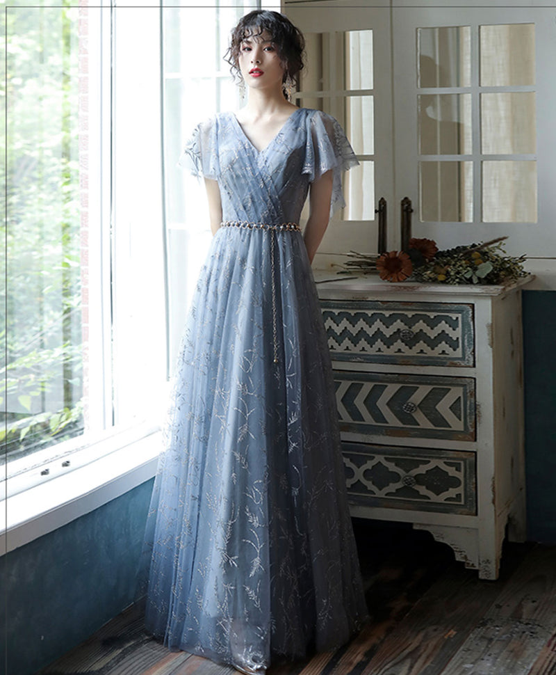 Gray Blue V Neck A-Line Tulle Long Prom Dress Gray Blue Tulle Formal Dress