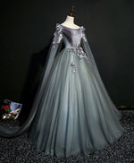 Gray Green Tulle Lace Long Prom Dress Gray Tulle Formal Dress