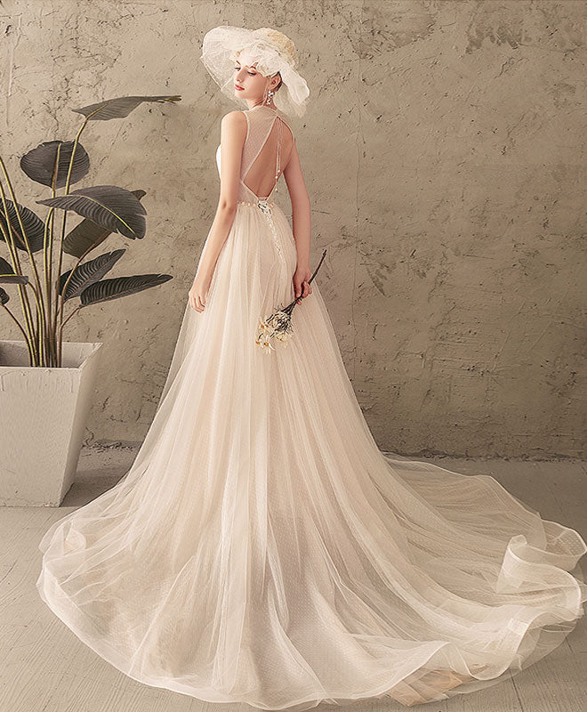 A-Line Tulle Lace Long Prom Dress, Tulle Lace Wedding Dress