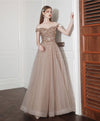 Champagne A line Long Prom Dress, Off Shoulder Champagne Formal Dress with Beading Sequin