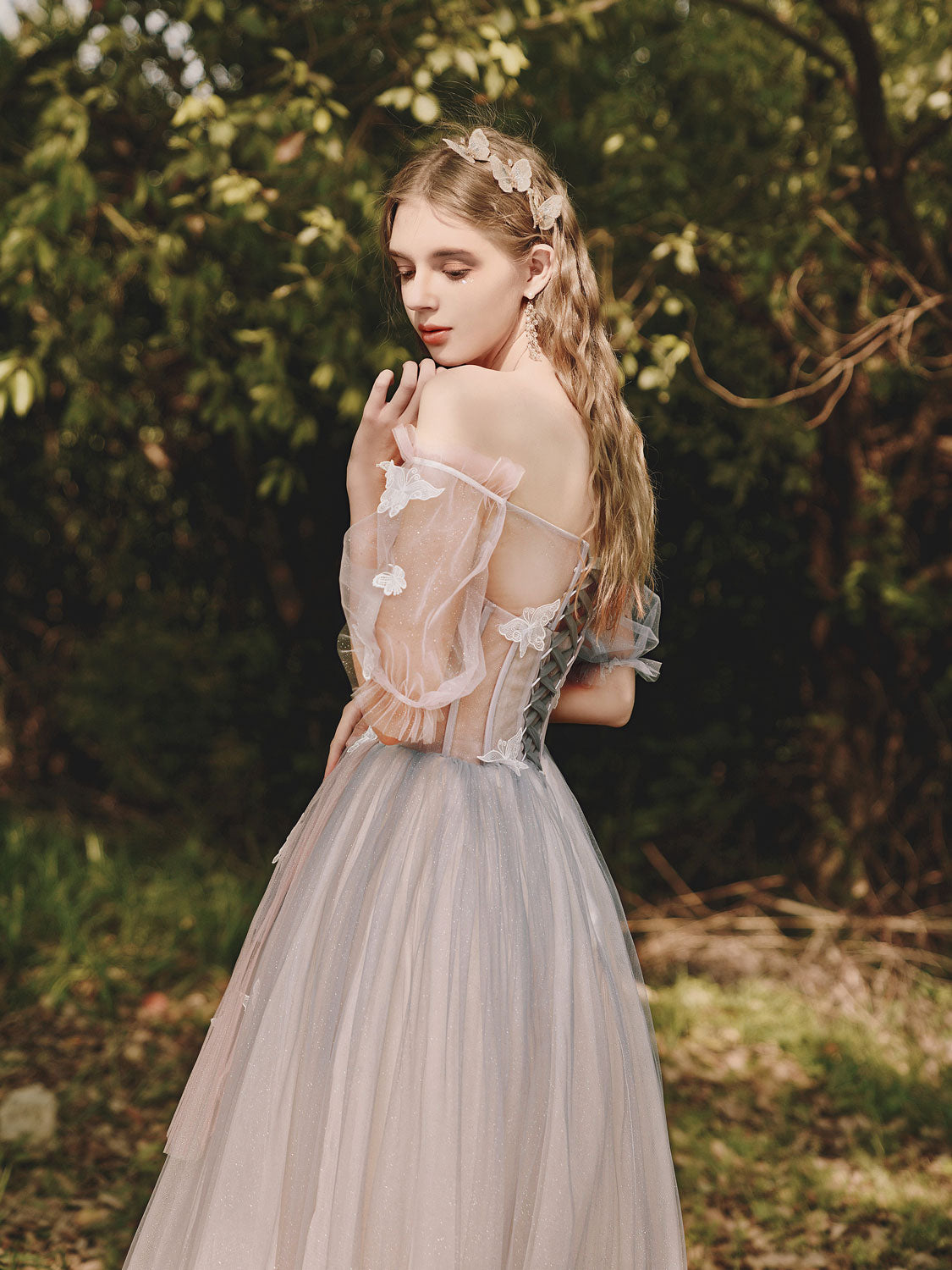 Champagne Tulle Lace Long Prom Dress, Champagne Tulle Formal Dress