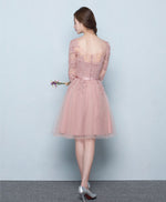 Pink Tulle Lace Short Prom Dress, Pink Tulle Bridesmaid Dress