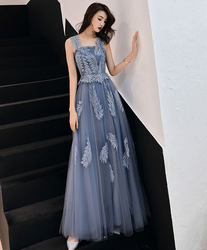 Gray Blue Tulle Lace Long Prom Dress, Gray Blue Tulle Evening Dress