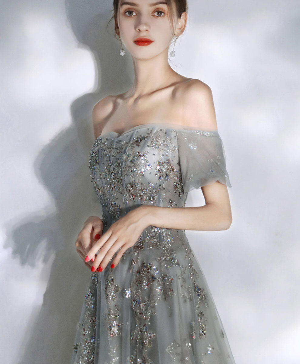 Gray Tulle Sequin Long Prom Dress Tulle Formal Dress