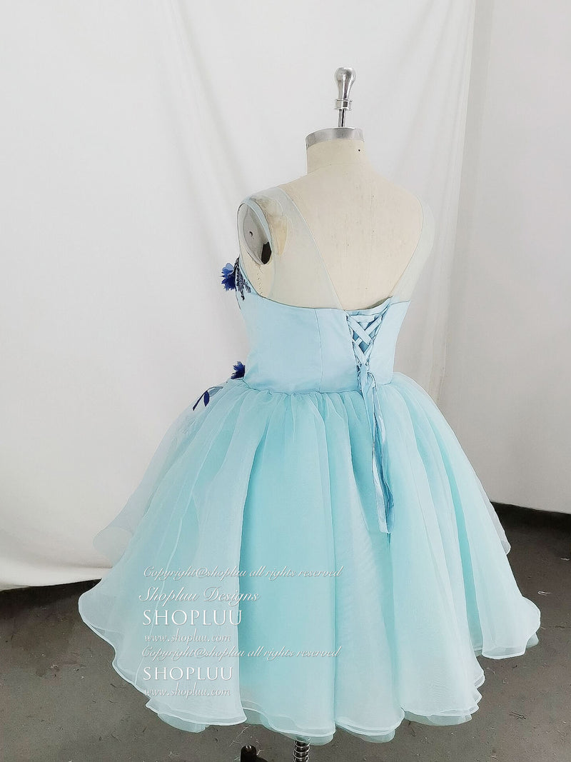 Cute Round Neck Tulle Lace Short Prom Dress, Blue Homecoming Dress