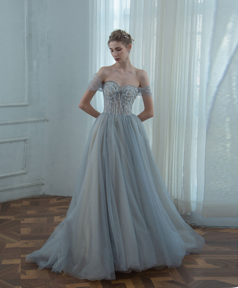Gray Blue Long Prom Dress, Gray Blue Graduation Formal Dress with Beading