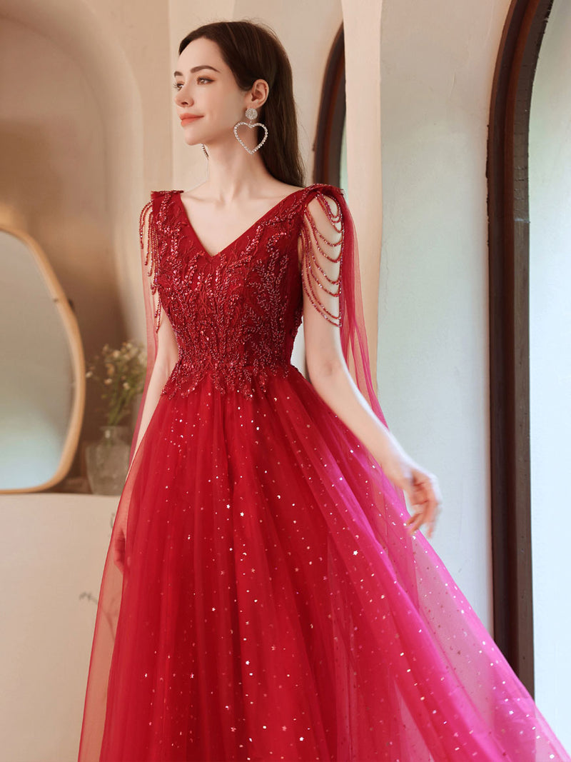 Burgundy V Neck Tulle Lace Beads Long Prom Dress, Burgundy Evening Dre shopluu Burgundy V Neck Tulle Lace Beads Long Prom Dress, Burgundy Evening Dre shopluu