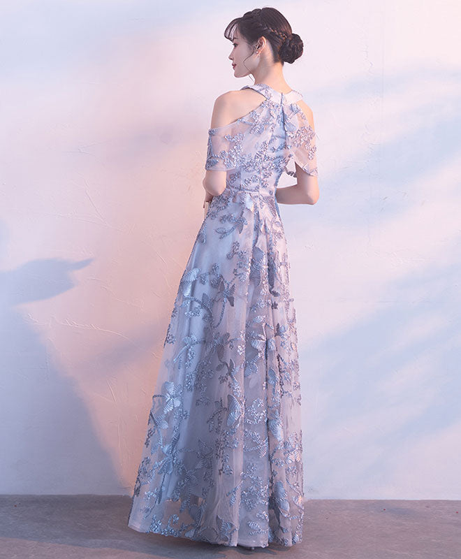 Gray Lace Long Prom Dress, Gray Lace Bridesmaid Dress