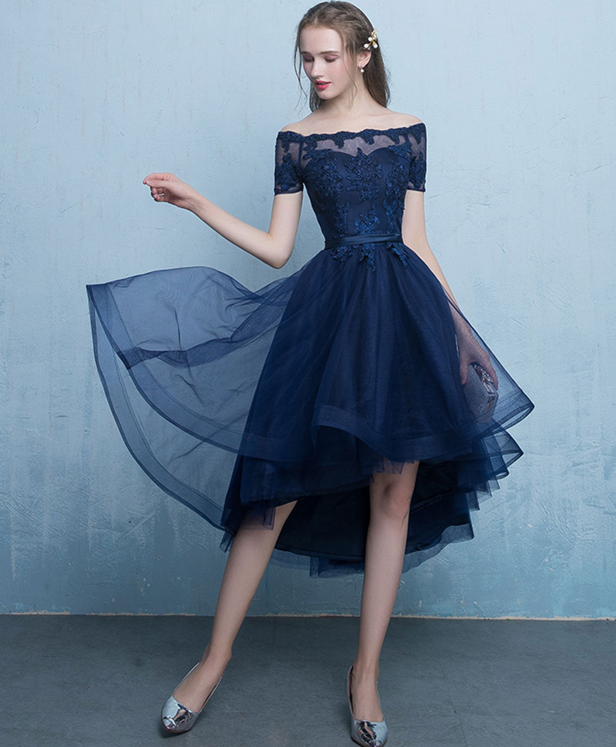 dark blue high low dress Romantic Royal Blue Dress With Leafs, Blue Mother of the Bride Dress, Short Evening Dress With Flowers, Sexy Hi Low Dress in Navy Blue