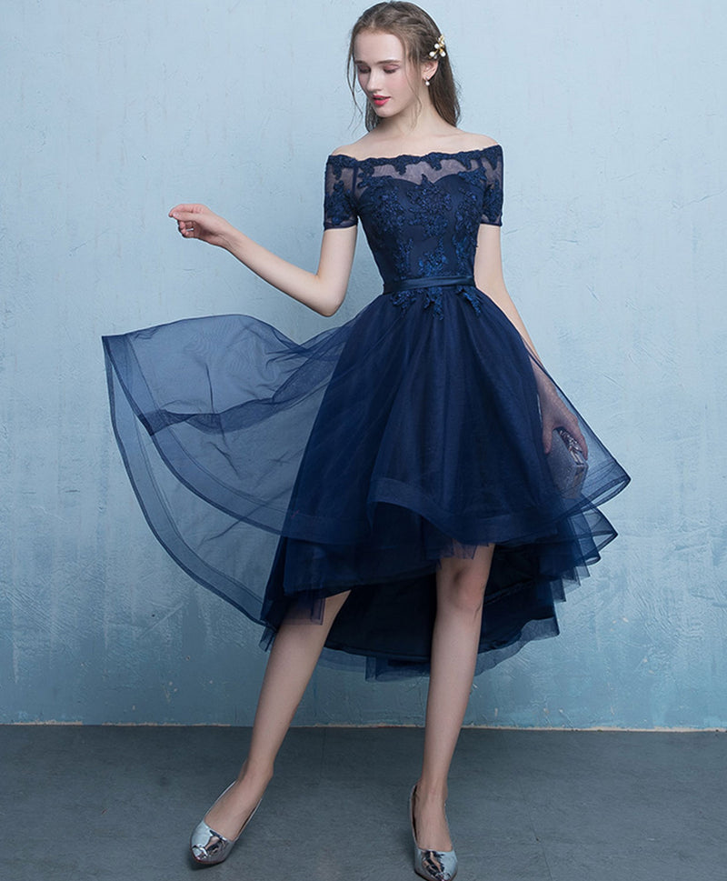 Dark Blue Lace Tulle Short Prom Dress, High Low Evening Dress