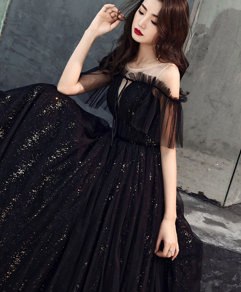 Black Tulle Off Shoulder Long Prom Dress Black Formal Dress