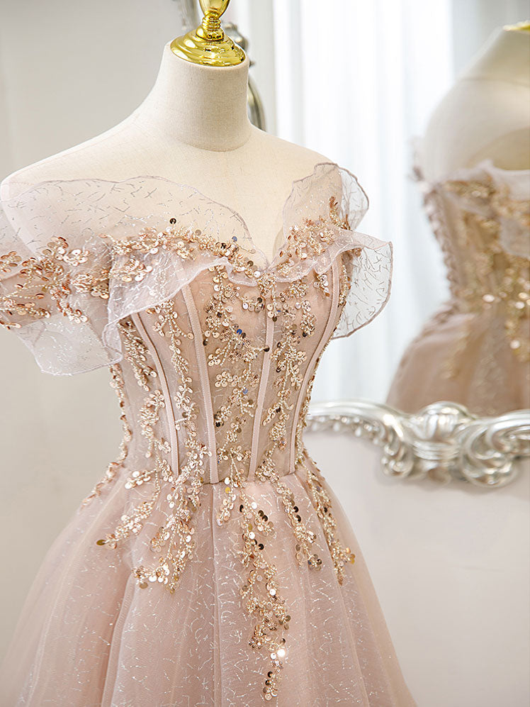 Champagne Tulle Lace A line Long Prom Dress, Lace Champagne Evening Dress