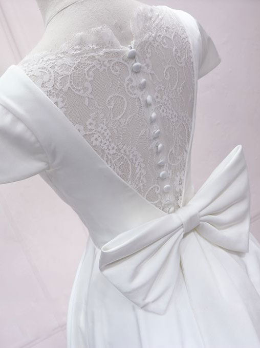 Simple White V Neck Lace Short Prom Dress, White Bridesmaid Dress