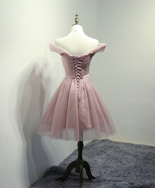 Simple V Neck Tulle Off Shoulder Short Prom Dress Pink Homecoming Dress