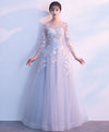 Gray Round Neck Tulle Lace Applique Long Prom Dress, Gray Evening Dress
