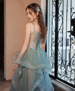 Gray Green Tulle Lace Long Prom Dress, Gray Green Tulle Lace Evening Dress