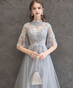 Gray Lace Tulle Long Prom Dress Gray Tulle Lace Formal Dress