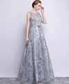 Gray Tulle Lace Long Prom Dress , Gray Evening Dress