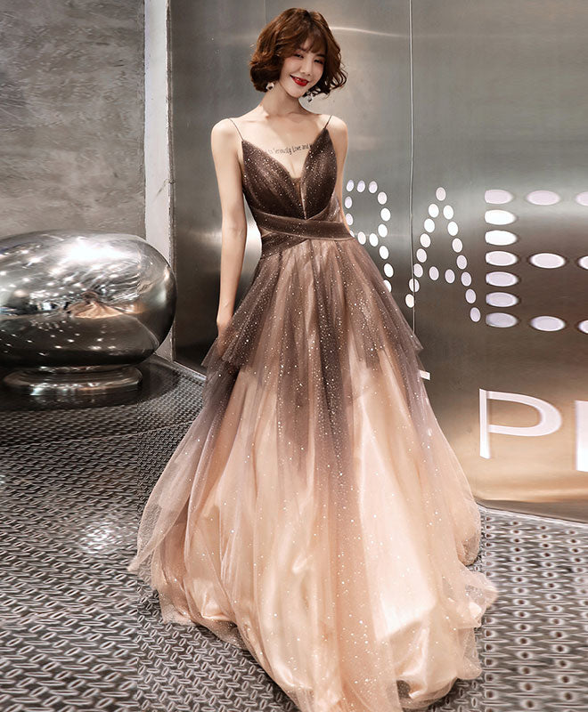 A-Line V Neck Tulle Long Prom Dress, Tulle Long Evening Dress