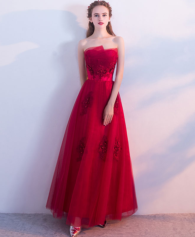 Burgundy Tulle Lace Long Prom Dress, Burgundy Tulle Evening Dress