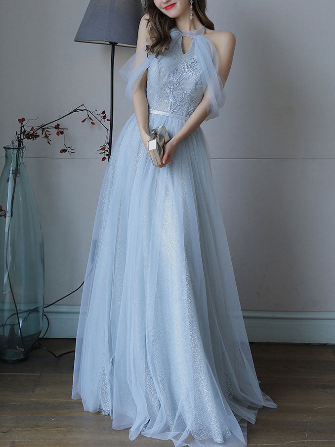 Simple Light Blue Tulle Lace Long Prom Dress, Lace Long Bridesmaid Dre – shopluu