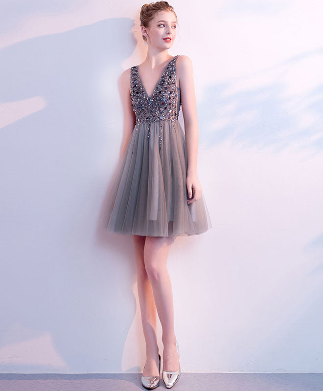 Gray V Neck Tulle Beads Short Prom Dress, Gray Homecoming Dress