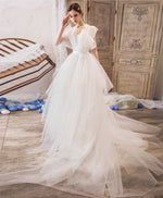 White V Neck Tulle Lace Long Wedding Dress Lace Bridal Dress