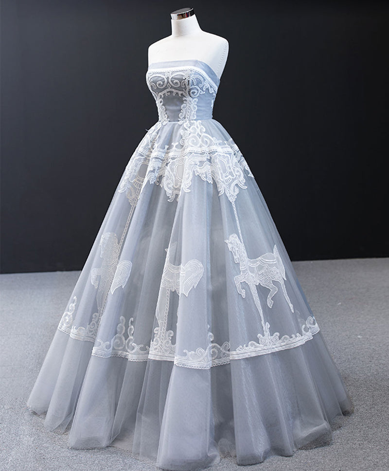 Gray Sweetheart Tulle Lace Long Prom Dress Gray Tulle Formal Dress