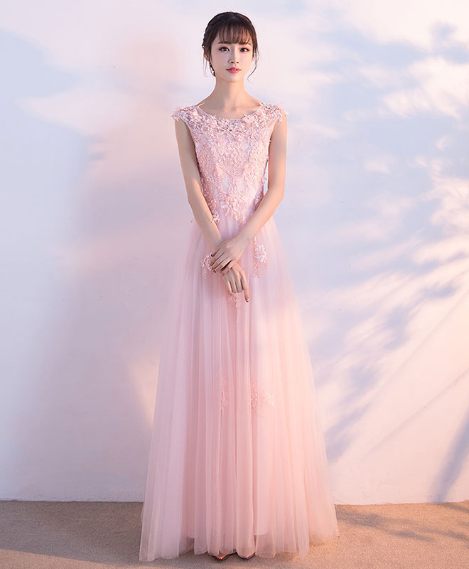 Pink Round Neck Tulle Lace Long Prom Dress, Pink Tulle Evening Dress