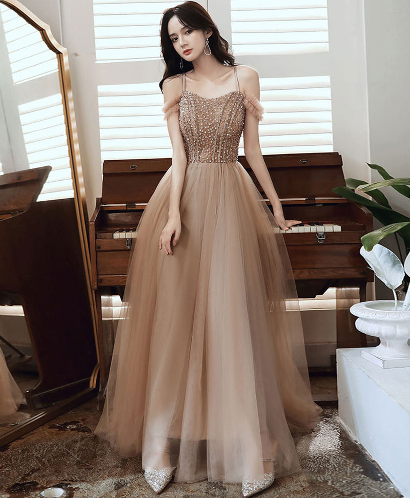 Champagne Sweetheart Aline Long Prom Dress with Beading