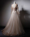 Champagne V Neck Tulle Lace Long Prom Dress, Champagne Formal Evening Dress