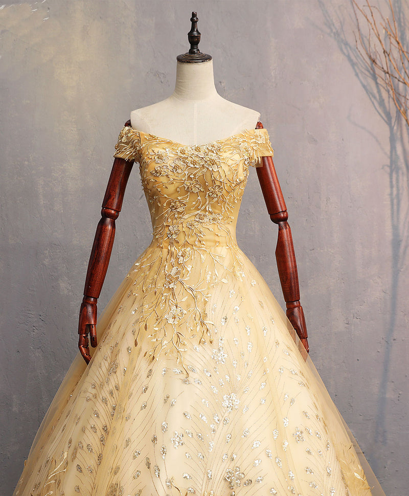 Gold Tulle Off Shoulder Lace Long Prom Dress Tulle Formal Dress