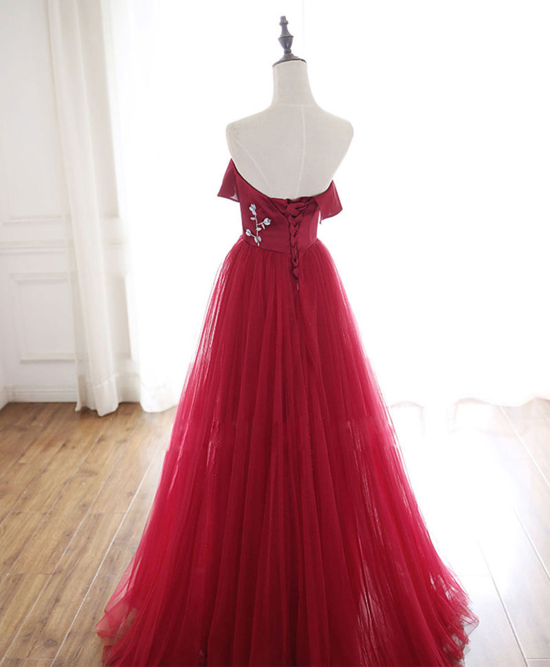 Burgundy Tulle Long Prom Dress, A line Burgundy Formal Party Dress