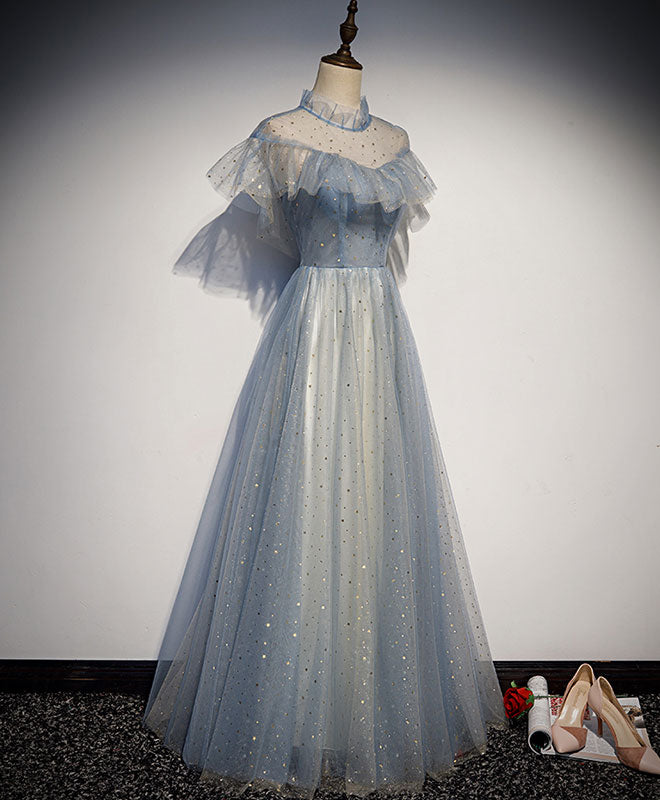 Light Gray Blue Tulle Lace Long Prom Dress, Gray Blue Tulle Evening Dress