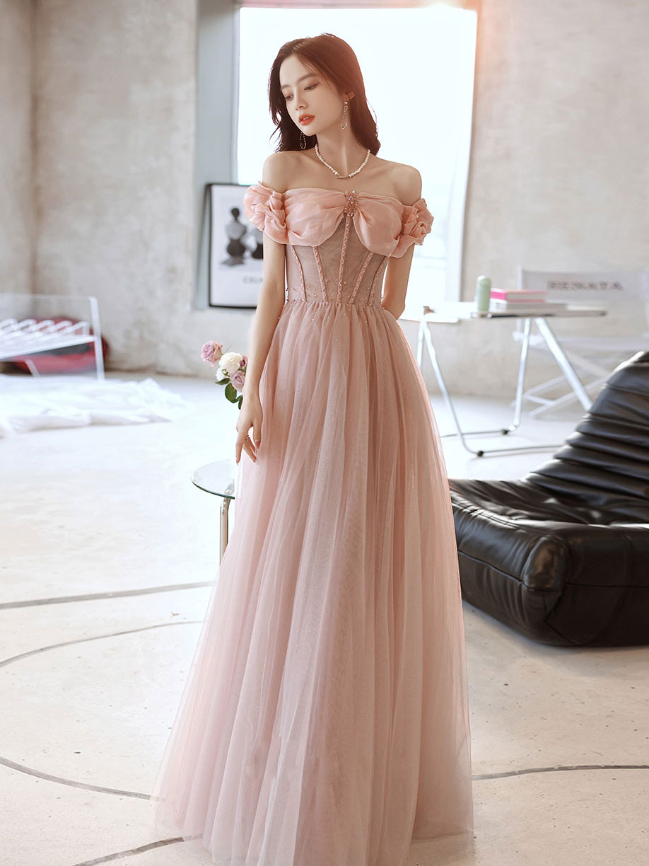 Pink Sweetheart Neck Tulle Beads Long Prom Dress, Pink Evening Dress