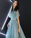 Green Round Neck Tulle Lace Long Prom Dress, Green Evening Dress