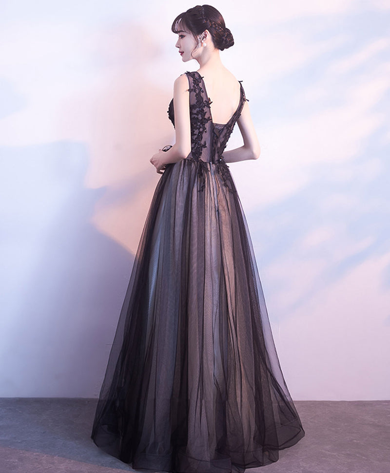 Black V Neck Tulle Lace Applique Long Prom Dress, Black Lace Bridesmai shopluu Black V Neck Tulle Lace Applique Long Prom Dress, Black Lace Bridesmai shopluu