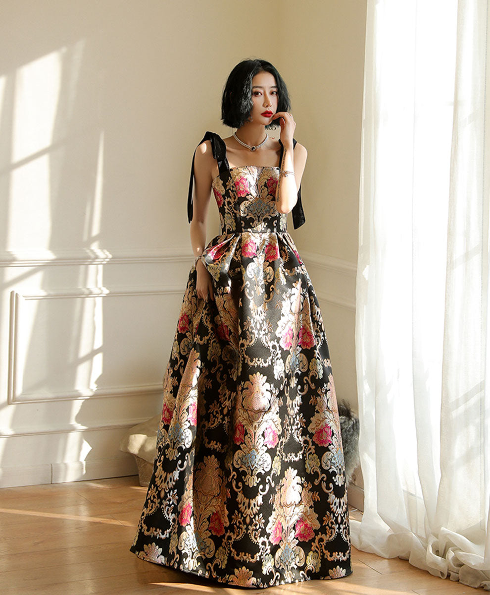 A-Line Satin Long Prom Dress, Flowers Satin Long Evening Dress
