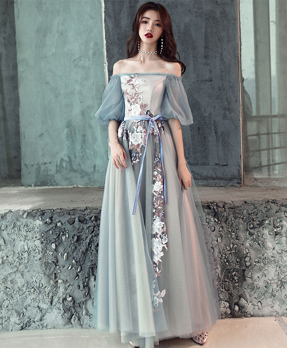 Gray Blue Tulle Lace Long Prom Dress, Gray Blue Evening Dress