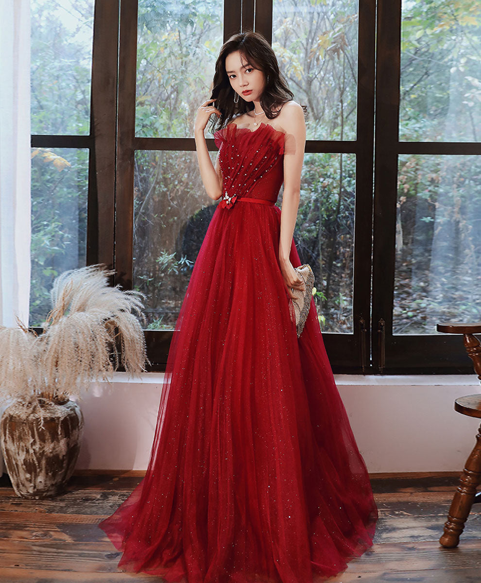 Burgundy Tulle Long Prom Dress Tulle Formal Dress